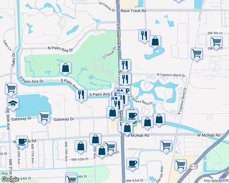 map of restaurants, bars, coffee shops, grocery stores, and more near 2501 South Palm Aire Drive in Pompano Beach