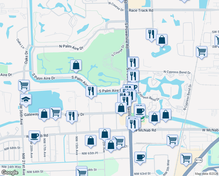map of restaurants, bars, coffee shops, grocery stores, and more near 2651 South Palm Aire Drive in Pompano Beach