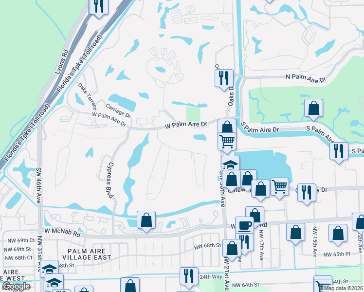map of restaurants, bars, coffee shops, grocery stores, and more near 4040 West Palm Aire Drive in Pompano Beach