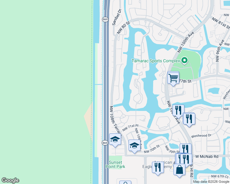 map of restaurants, bars, coffee shops, grocery stores, and more near 7357 Devon Drive in Tamarac