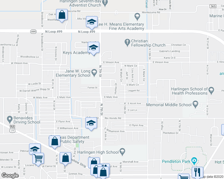 map of restaurants, bars, coffee shops, grocery stores, and more near 2410 Cactus Drive in Harlingen