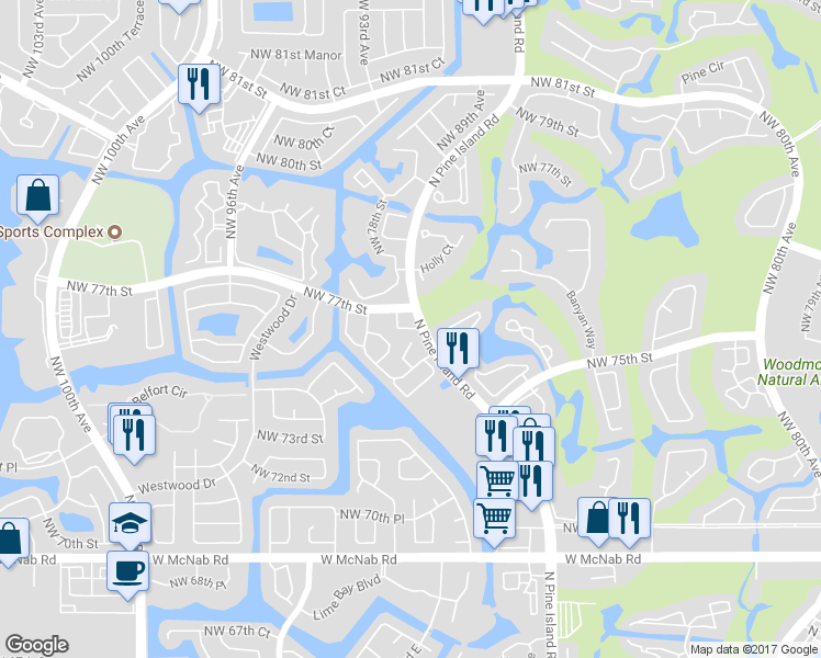 map of restaurants, bars, coffee shops, grocery stores, and more near 8805 Northwest 76th Drive in Pompano Beach