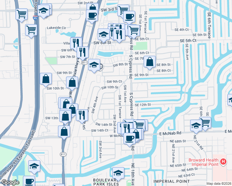 map of restaurants, bars, coffee shops, grocery stores, and more near 160 Southwest 10th Street in Pompano Beach