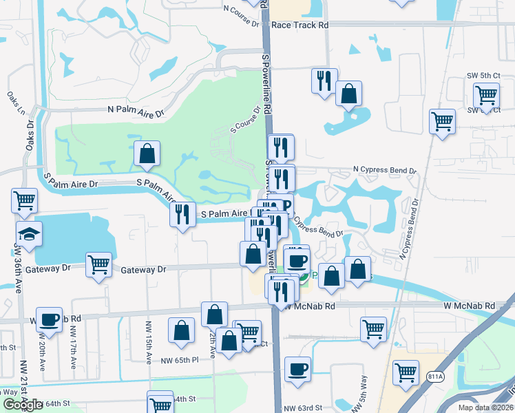 map of restaurants, bars, coffee shops, grocery stores, and more near 2501 South Palm Aire Drive in Pompano Beach