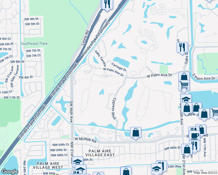 map of restaurants, bars, coffee shops, grocery stores, and more near 4110 West Palm Aire Drive in Pompano Beach