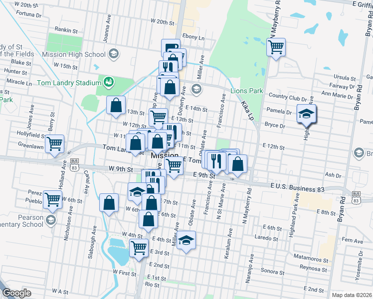 map of restaurants, bars, coffee shops, grocery stores, and more near 1109 Miller Avenue in Mission