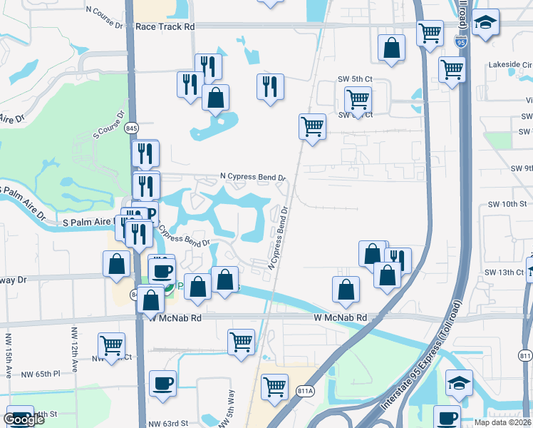 map of restaurants, bars, coffee shops, grocery stores, and more near 2106 South Cypress Bend Drive in Pompano Beach