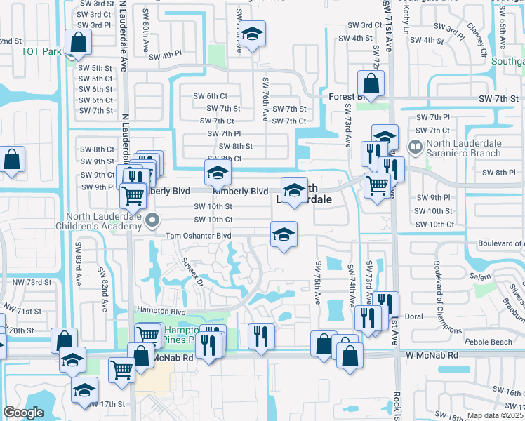 map of restaurants, bars, coffee shops, grocery stores, and more near 7635 Southwest 10th Street in North Lauderdale
