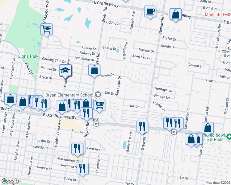 map of restaurants, bars, coffee shops, grocery stores, and more near 1306 San Felipe Drive in Mission