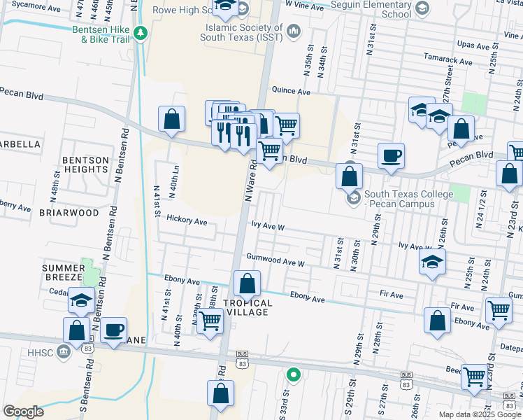 map of restaurants, bars, coffee shops, grocery stores, and more near 1004 North 36th Street in McAllen