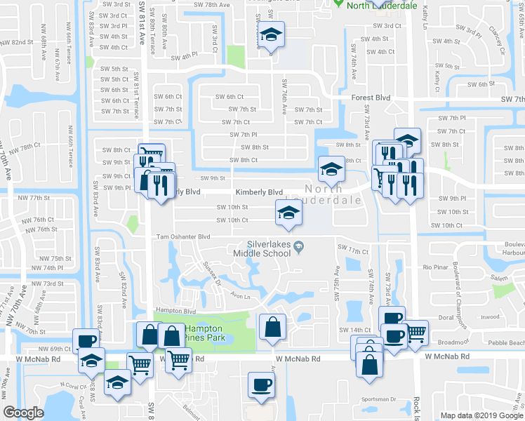 map of restaurants, bars, coffee shops, grocery stores, and more near 7635 Southwest 10th Street in North Lauderdale