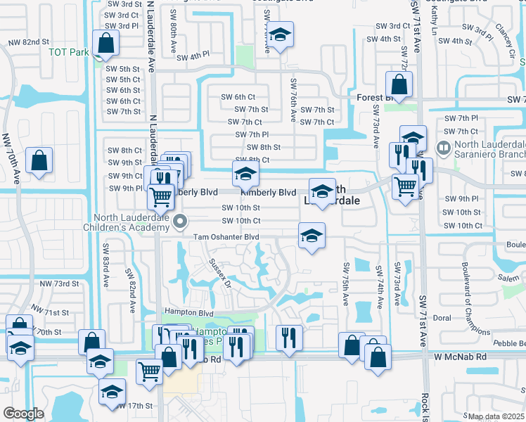 map of restaurants, bars, coffee shops, grocery stores, and more near 7674 Kimberly Boulevard in North Lauderdale