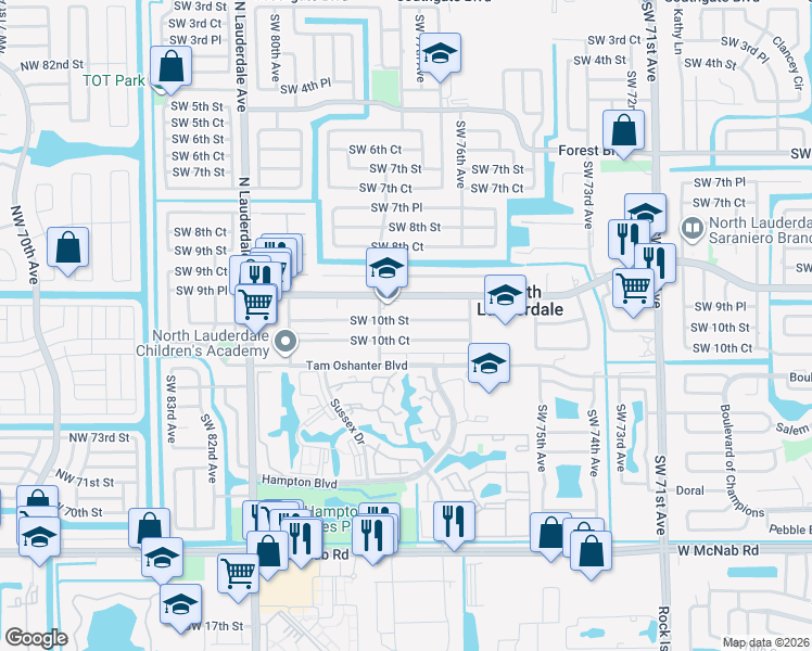 map of restaurants, bars, coffee shops, grocery stores, and more near 7674 Kimberly Boulevard in North Lauderdale