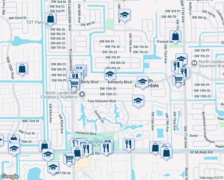 map of restaurants, bars, coffee shops, grocery stores, and more near 7674 Kimberly Boulevard in North Lauderdale