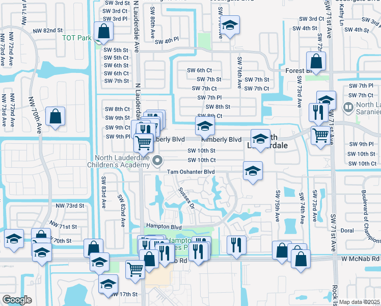 map of restaurants, bars, coffee shops, grocery stores, and more near 7834 Kimberly Boulevard in North Lauderdale