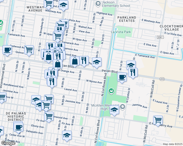 map of restaurants, bars, coffee shops, grocery stores, and more near 408 Pecan Boulevard in McAllen
