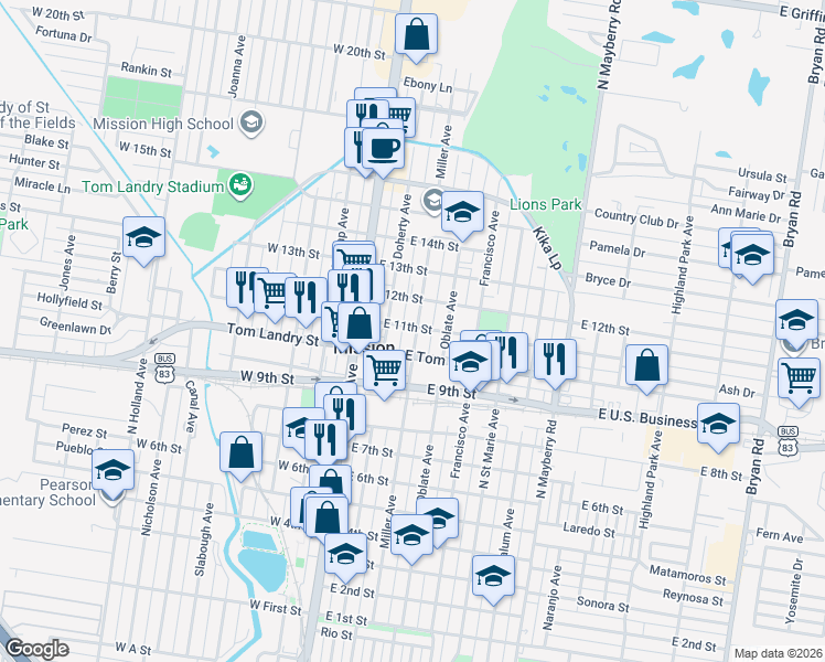 map of restaurants, bars, coffee shops, grocery stores, and more near 1109 Miller Avenue in Mission