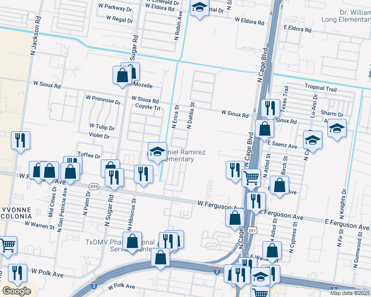 map of restaurants, bars, coffee shops, grocery stores, and more near 2217 Dahlia Street in Pharr