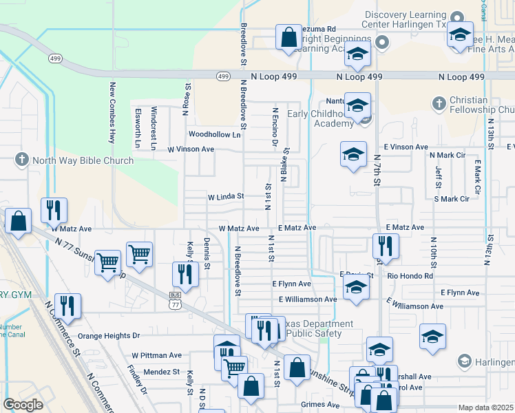 map of restaurants, bars, coffee shops, grocery stores, and more near 2219 North 1st Street in Harlingen