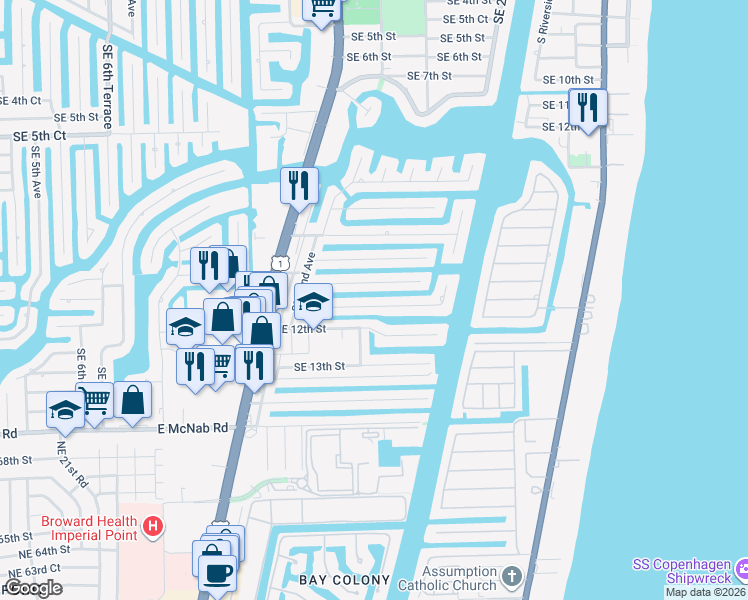 map of restaurants, bars, coffee shops, grocery stores, and more near 2416 Southeast 10th Court in Pompano Beach