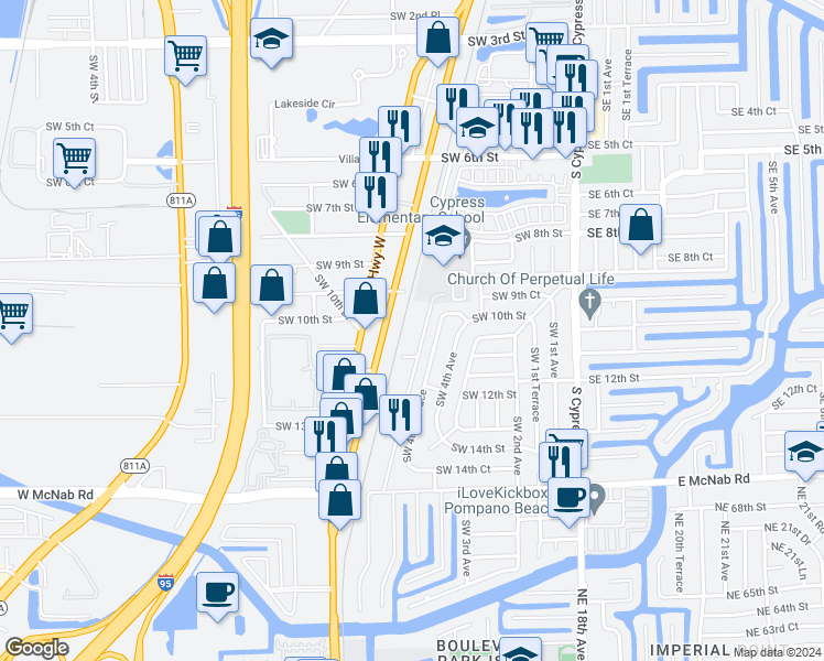 map of restaurants, bars, coffee shops, grocery stores, and more near 1000 South Dixie Highway in Pompano Beach