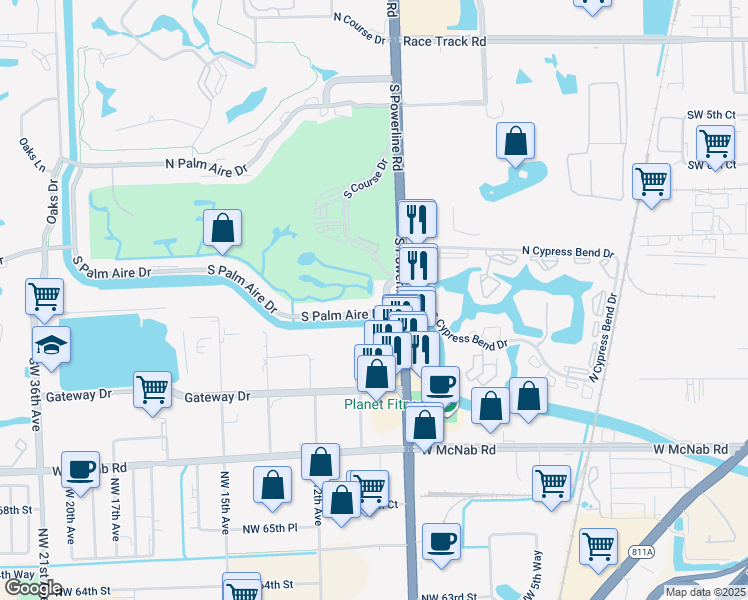 map of restaurants, bars, coffee shops, grocery stores, and more near 2501 South Palm Aire Drive in Pompano Beach