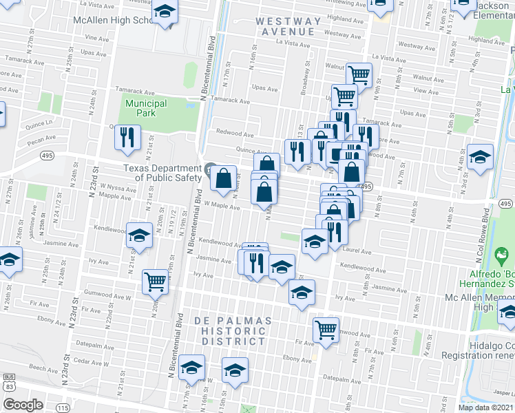map of restaurants, bars, coffee shops, grocery stores, and more near 1401 North 15th Street in McAllen