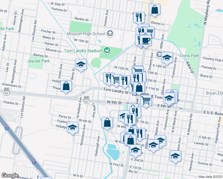map of restaurants, bars, coffee shops, grocery stores, and more near 401 West Tom Landry Street in Mission