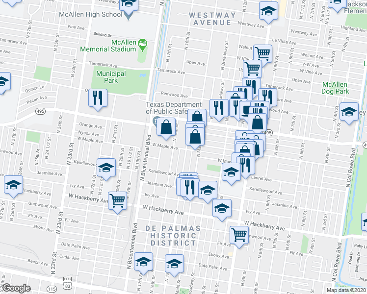 map of restaurants, bars, coffee shops, grocery stores, and more near 1301 North 15th Street in McAllen