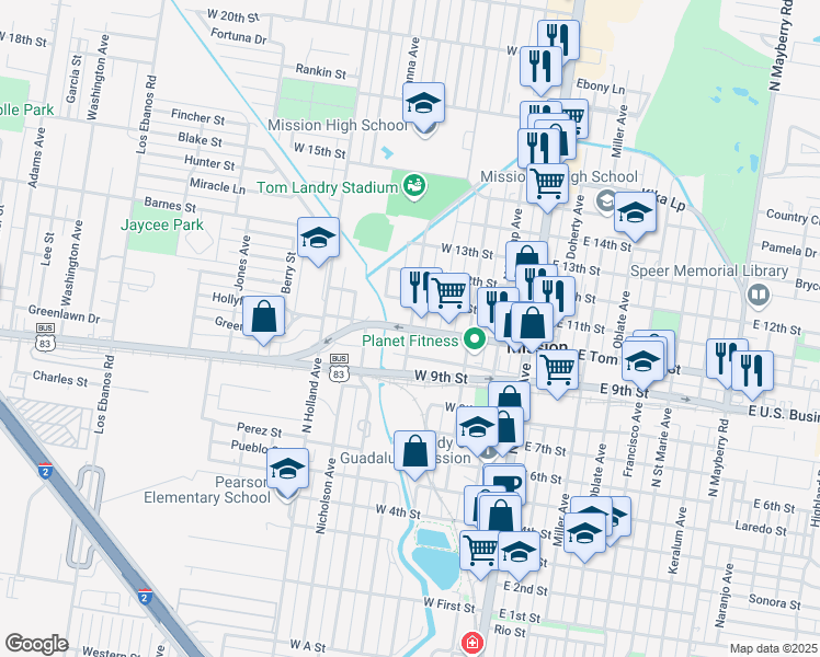 map of restaurants, bars, coffee shops, grocery stores, and more near West 10th Street in Mission