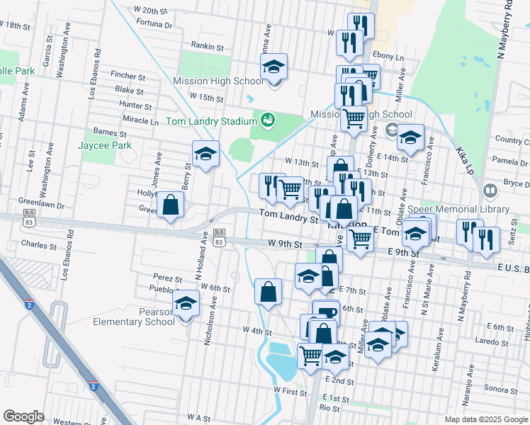 map of restaurants, bars, coffee shops, grocery stores, and more near West 10th Street in Mission