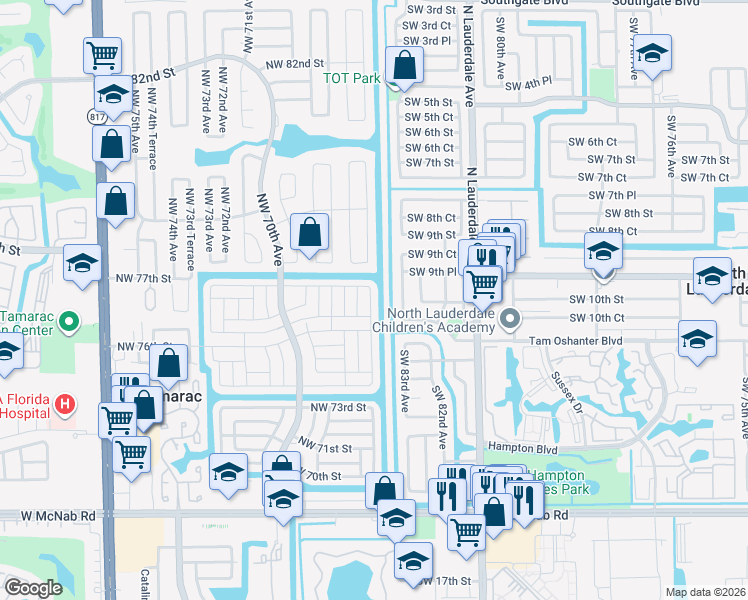 map of restaurants, bars, coffee shops, grocery stores, and more near 7610 Northwest 66th Terrace in Tamarac