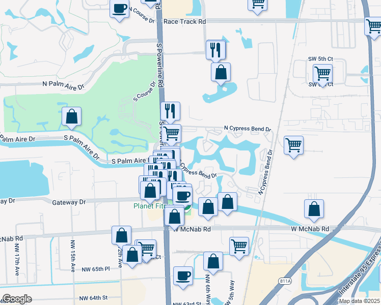 map of restaurants, bars, coffee shops, grocery stores, and more near 2334 South Cypress Bend Drive in Pompano Beach