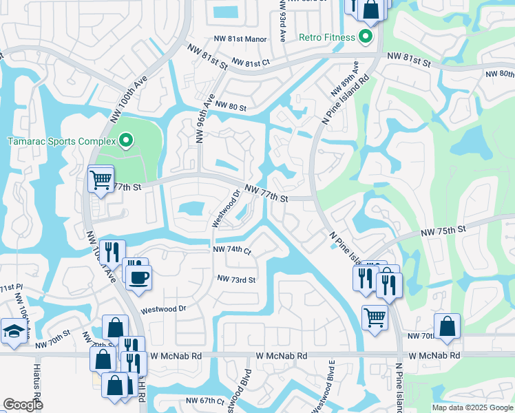 map of restaurants, bars, coffee shops, grocery stores, and more near 77 The Common in Tamarac