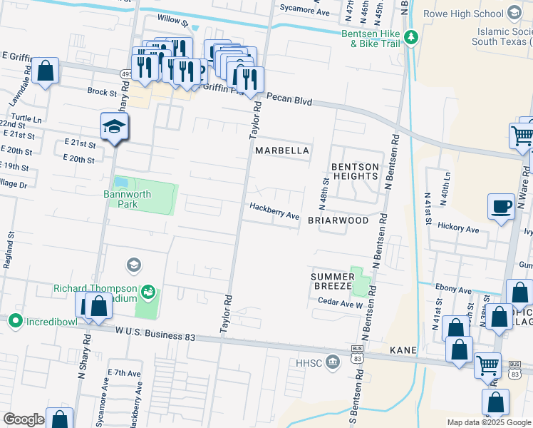 map of restaurants, bars, coffee shops, grocery stores, and more near 5105 Hackberry Avenue in McAllen