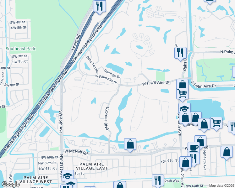map of restaurants, bars, coffee shops, grocery stores, and more near 801 Cypress Boulevard in Pompano Beach