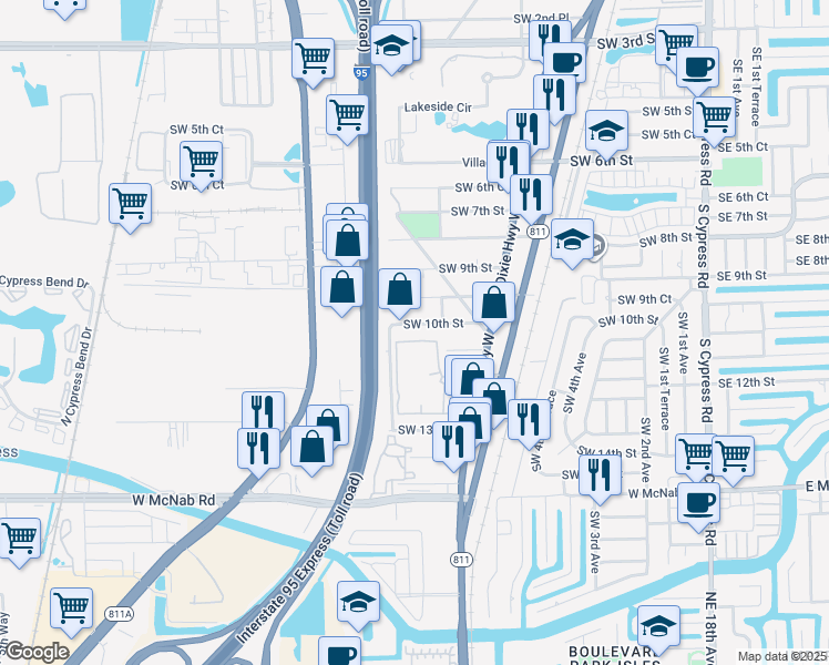 map of restaurants, bars, coffee shops, grocery stores, and more near 851 Southwest 10th Street in Pompano Beach