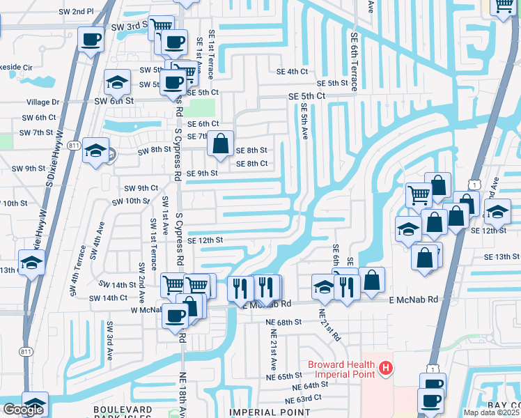 map of restaurants, bars, coffee shops, grocery stores, and more near 331 Southeast 10th Street in Pompano Beach