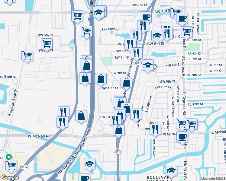 map of restaurants, bars, coffee shops, grocery stores, and more near 731 Southwest 10th Street in Pompano Beach