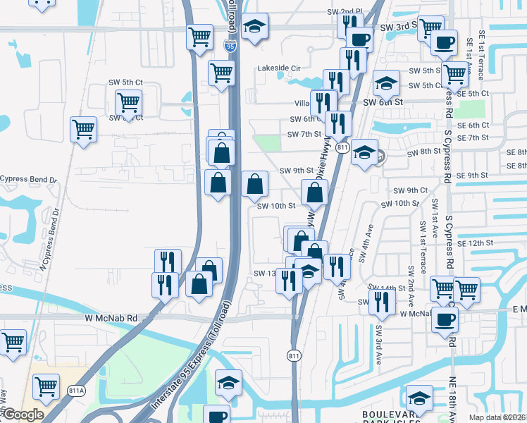 map of restaurants, bars, coffee shops, grocery stores, and more near 851 Southwest 10th Street in Pompano Beach
