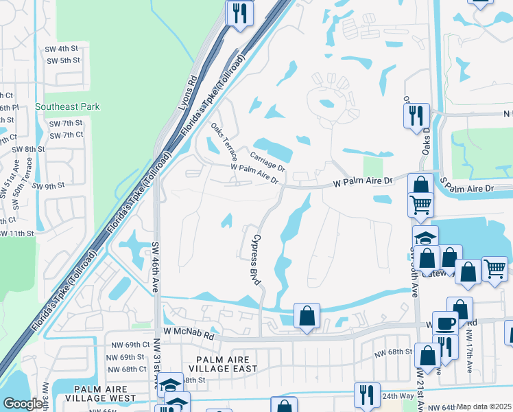 map of restaurants, bars, coffee shops, grocery stores, and more near 4110 West Palm Aire Drive in Pompano Beach