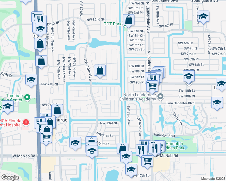 map of restaurants, bars, coffee shops, grocery stores, and more near 7617 Northwest 68th Avenue in Tamarac