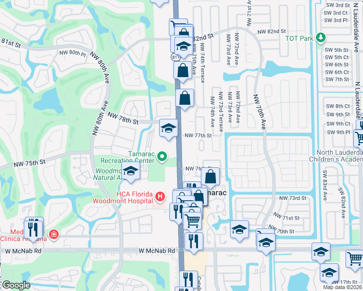 map of restaurants, bars, coffee shops, grocery stores, and more near 7601 North University Drive in Tamarac