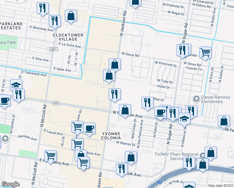 map of restaurants, bars, coffee shops, grocery stores, and more near 2200 North Jackson Road in Pharr