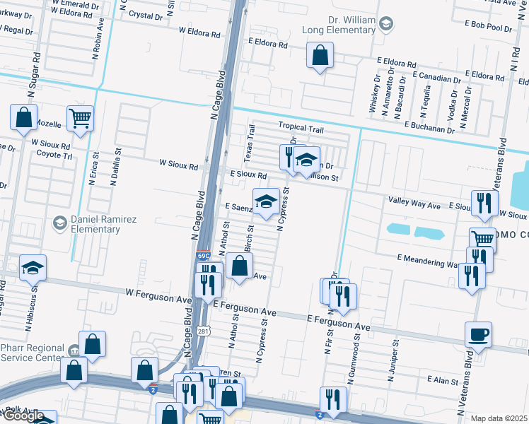 map of restaurants, bars, coffee shops, grocery stores, and more near 215 East Saenz Avenue in Pharr
