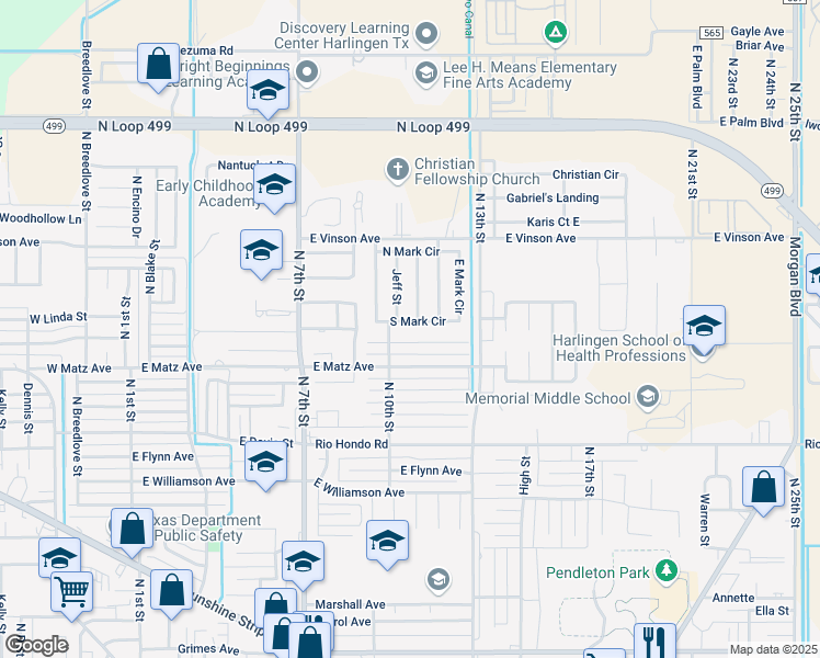 map of restaurants, bars, coffee shops, grocery stores, and more near 2502 Lou Ann Lane in Harlingen