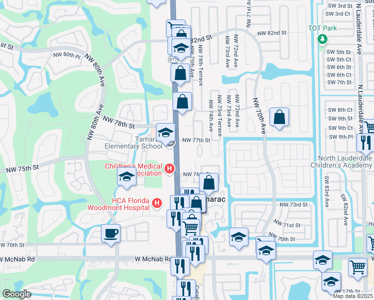 map of restaurants, bars, coffee shops, grocery stores, and more near 7640 North University Drive in Tamarac