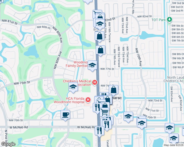 map of restaurants, bars, coffee shops, grocery stores, and more near 7601 North University Drive in Tamarac
