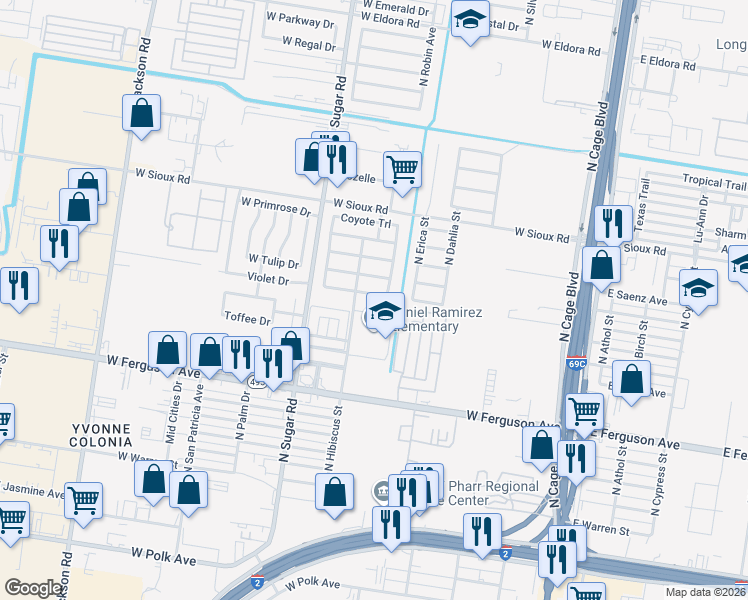map of restaurants, bars, coffee shops, grocery stores, and more near 710 Goodnight Trail in Pharr