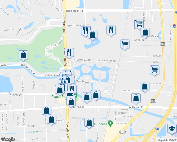map of restaurants, bars, coffee shops, grocery stores, and more near 2232 North Cypress Bend Drive in Pompano Beach